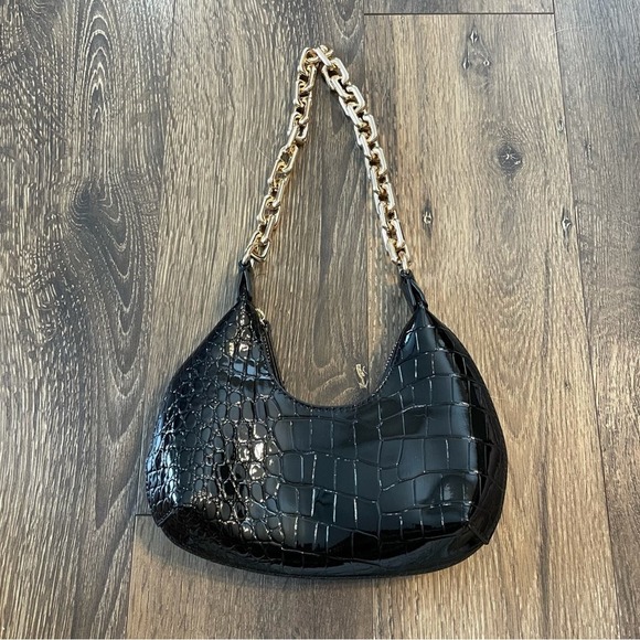 Forever 21 Handbags - FOREVER 21 Faux Black Crocodile Tiny Purse w/Big Gold Chunky Strap
